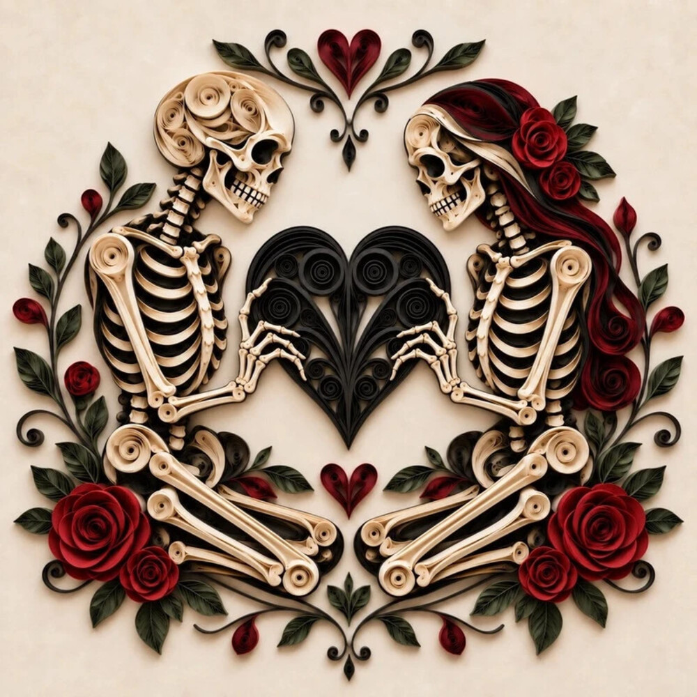 8x8 Framed Skeleton Couple Heart Quilling Art Print